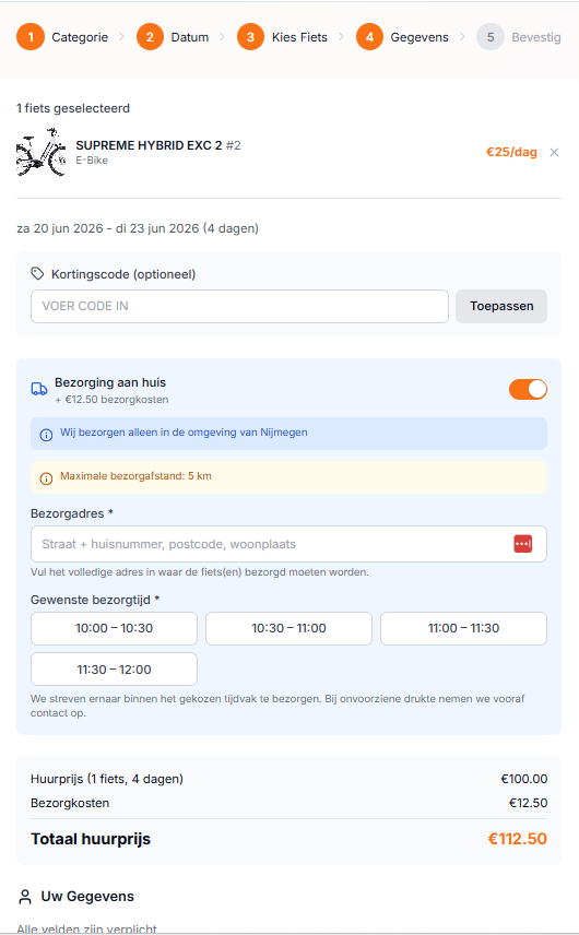 Bezorgmodule fietsverhuur met tijdslots en kortingscode