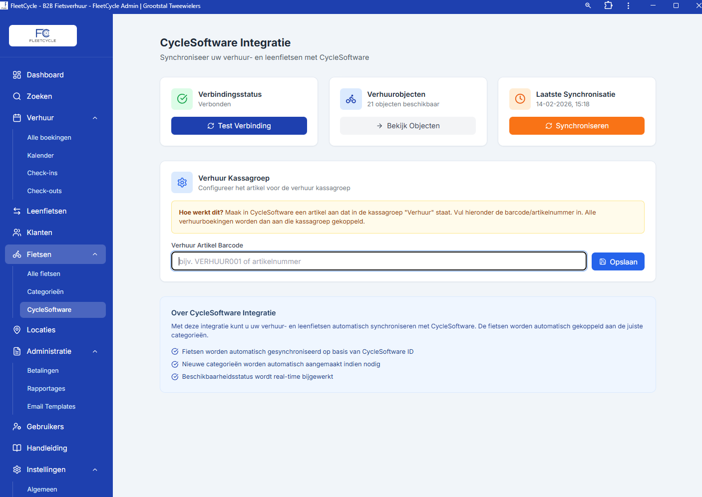 CycleSoftware integratie met synchronisatie en kassagroep koppeling