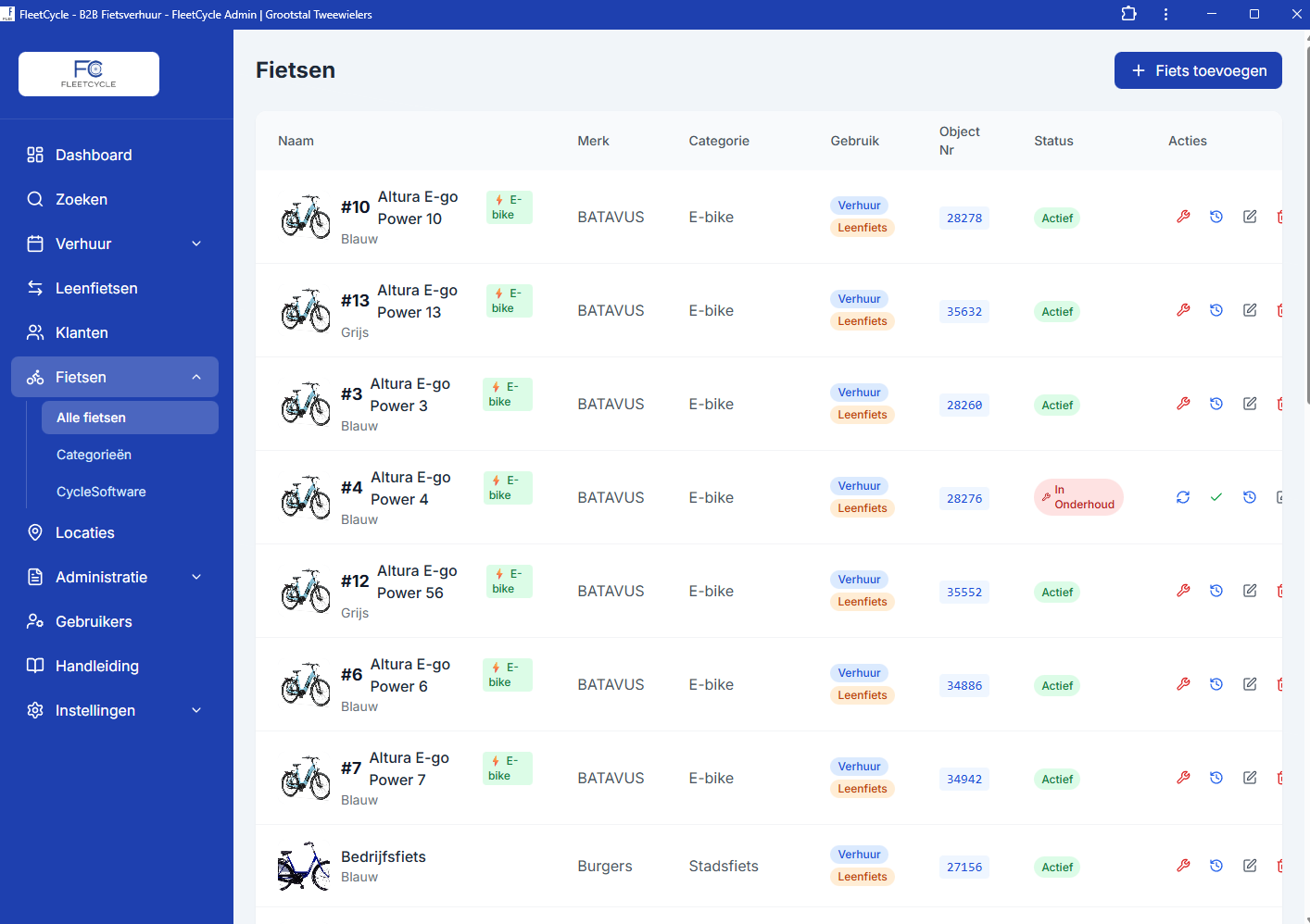 FleetCycle Fietsenbeheer - Overzicht van alle fietsen met status en objectnummers