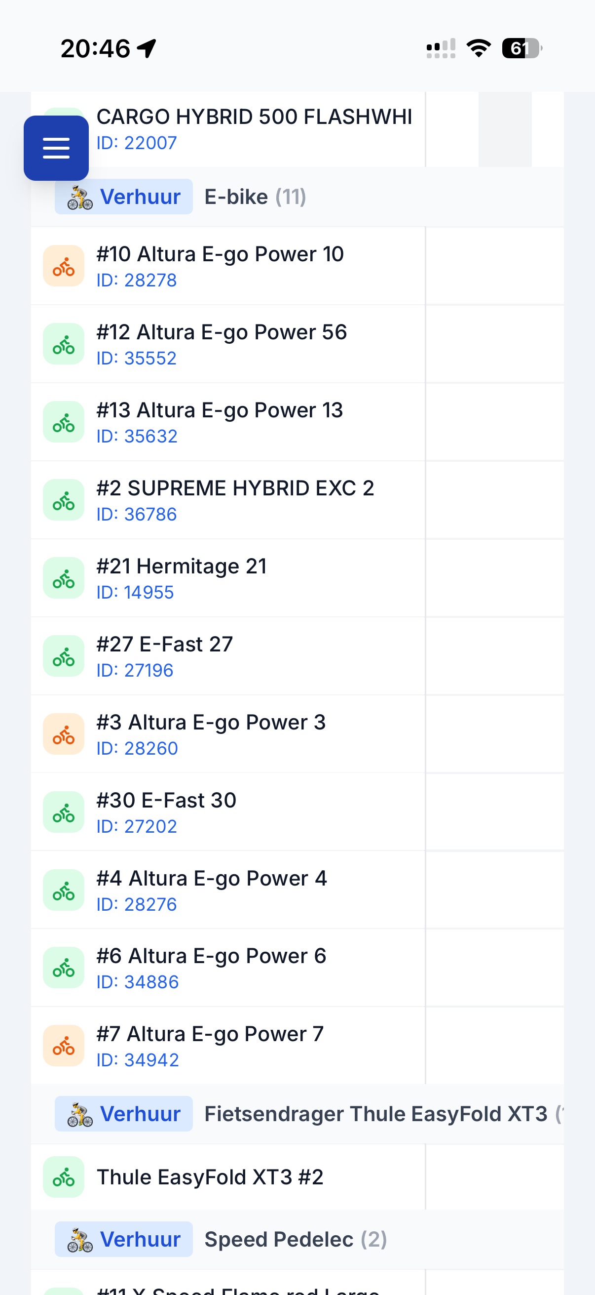 Overzicht van alle fietsen per categorie op mobiel
