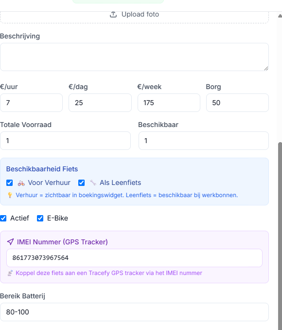 IMEI-nummer instellen bij een fiets in FleetCycle voor Tracefy GPS tracking