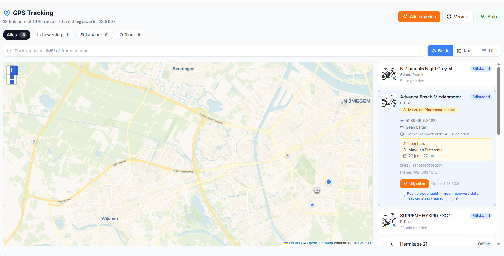 Tracefy GPS Tracking kaart met live locaties van fietsen in FleetCycle